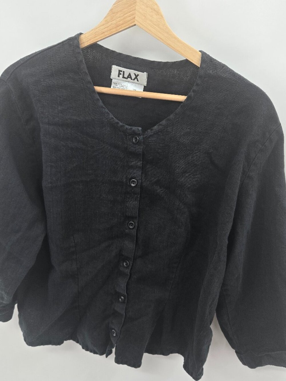FLAX Black 100% Linen Button Up Collarless Top Size Medium